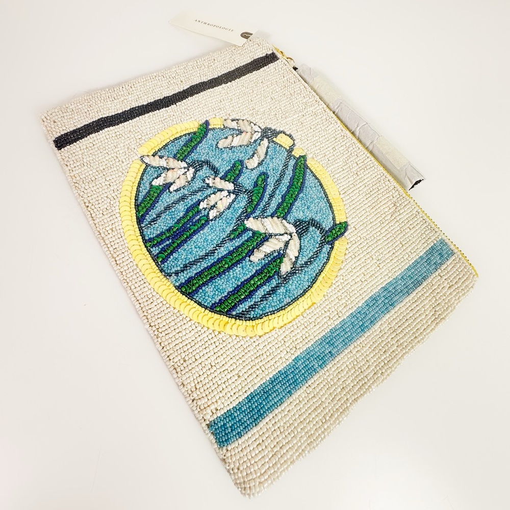 Anthropologie The Fiona Large Beaded Pouch Blue Flower Edition NWT - Picture 9 of 15